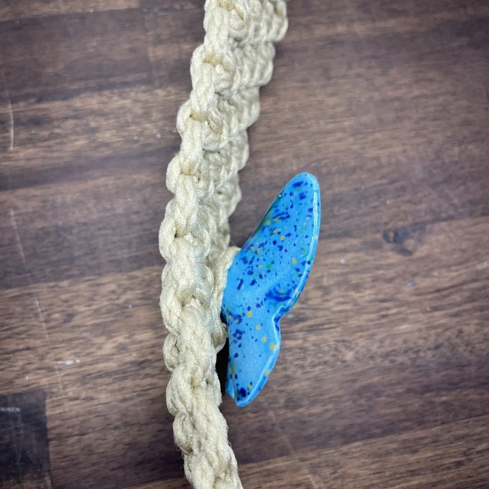Vintage Handmade Towel Holder Macrame, 70's Blue Butterfly Hippie Door Hanger